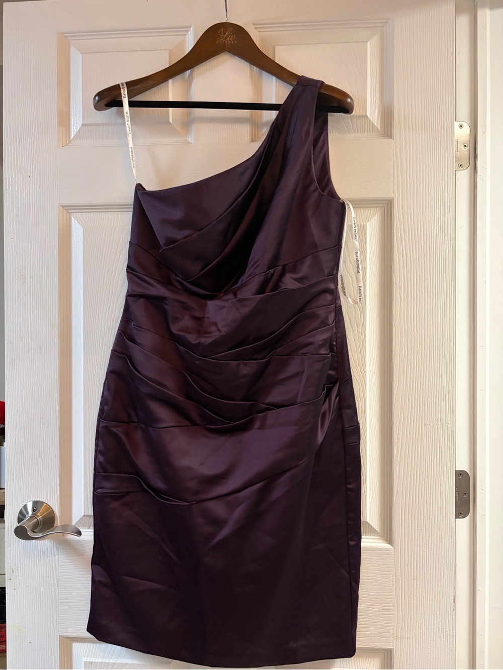 David's Bridal One-Shoulder Satin Dress in Deep Purple
